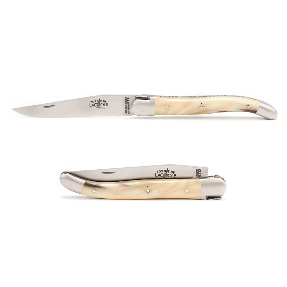 Taschenmesser, 11 cm, hochglanz poliert mit Griff aus hellem Horn und Mitres aus Inox